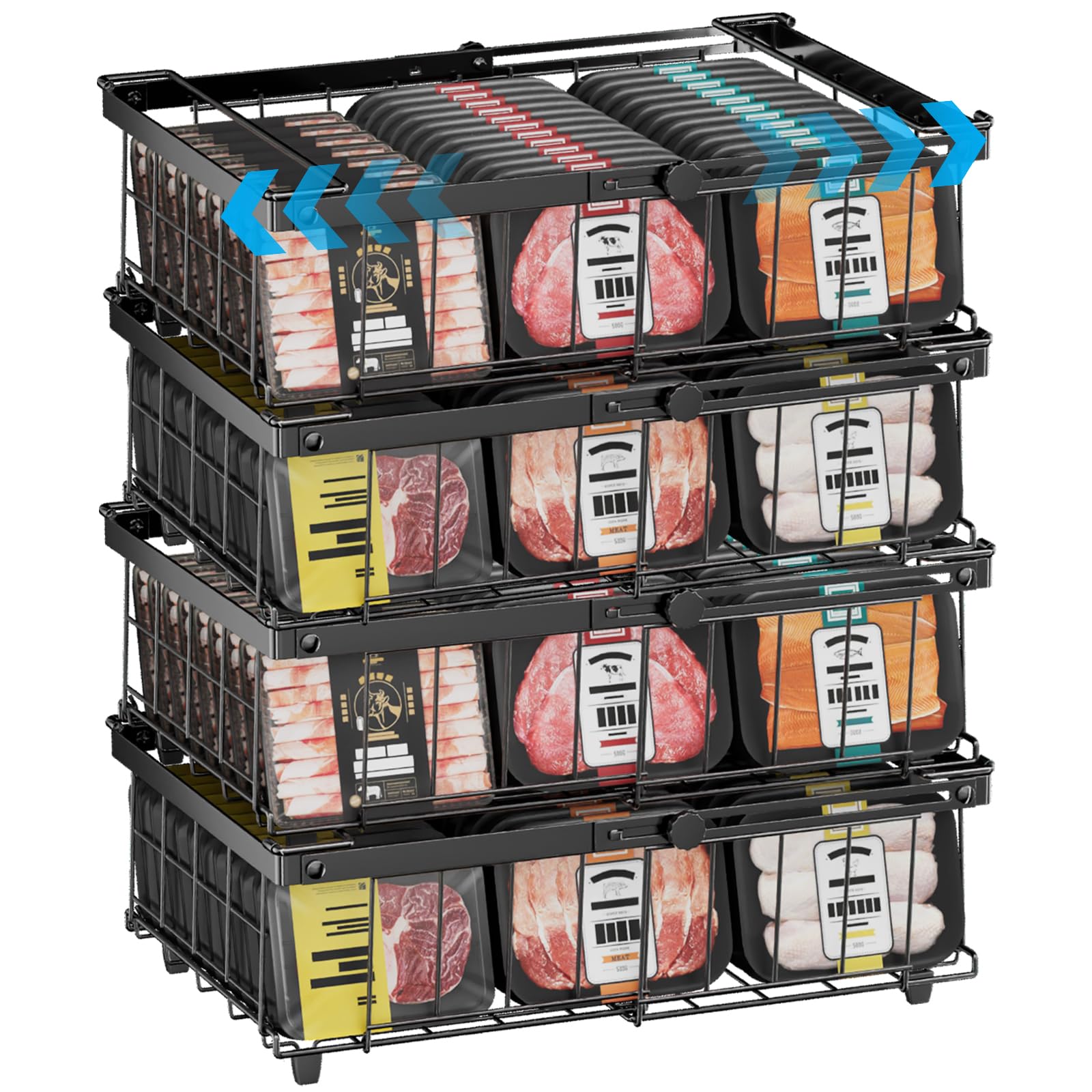 4PCS Panier Congelateur Coffre, Rangement Congelateur Extensible Empilable Pliables avec Poignées, Métal Organisateur de Congélateur Polyvalent Pour 140-570L Congélateur (4 Pièces-Noir)
