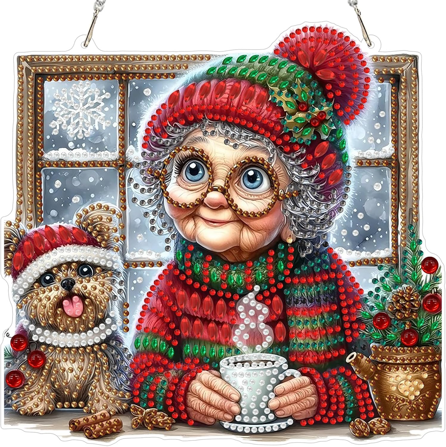 GHHKUD Grandma Puppy Diamond Art Hanging Kits, DIY Special Shaped Christmas Diamond Painting Hanging Pendants for Window Home Garden