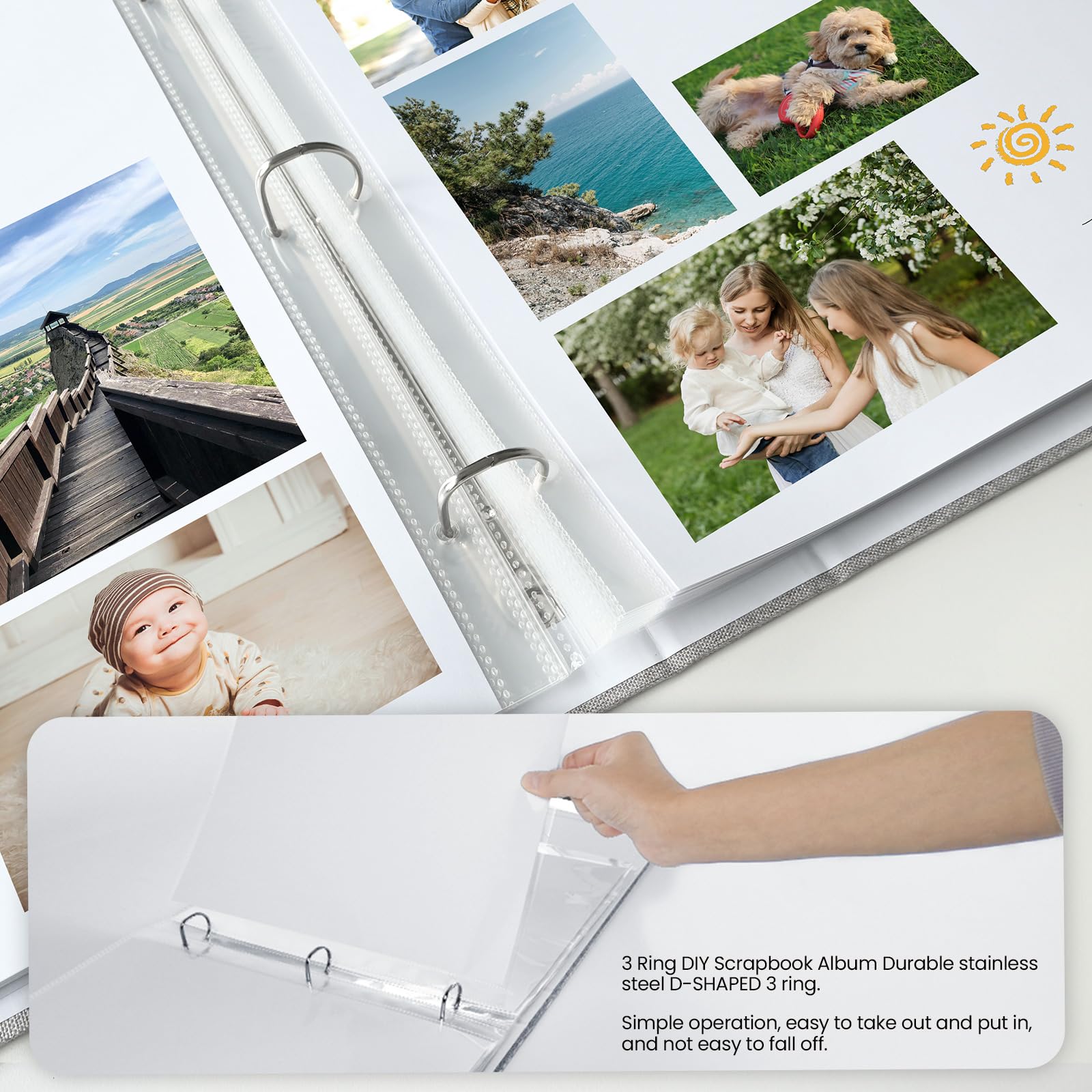 30,5 x 30,5 cm großes 3-Ringbuch-Scrapbook Fotoalbum, Leineneinband, Sammelalbum mit 50 Kunststoffhüllen, 100 Seiten, 30,5 x 30,5 cm, weiße Seiten für Hochzeit, Baby, Abenteuer, Reisen, Damen, Kinder