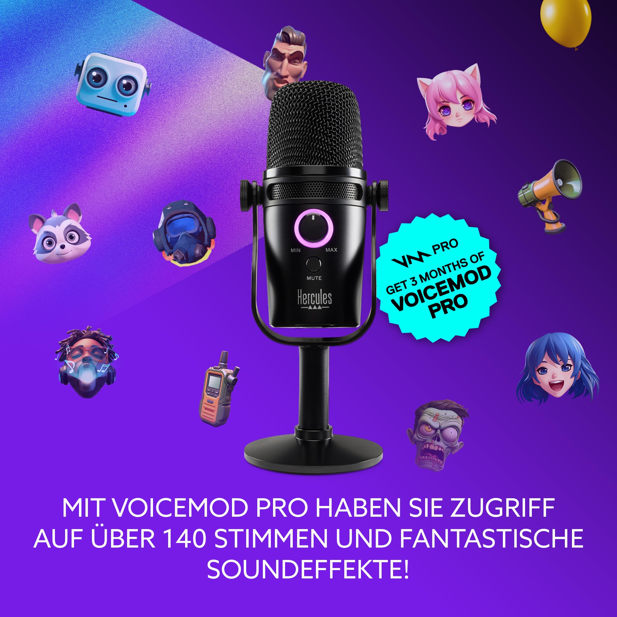 Hercules Stream Starter Kit - Stream 100 + Mikrofon HUD-600 PC | Stream-100-LCD-Controller, USB/XLR-Mikrofon HUD-600, 4 Encoder, 4 Tasten, 3 Monate Voicemod Pro inklusive