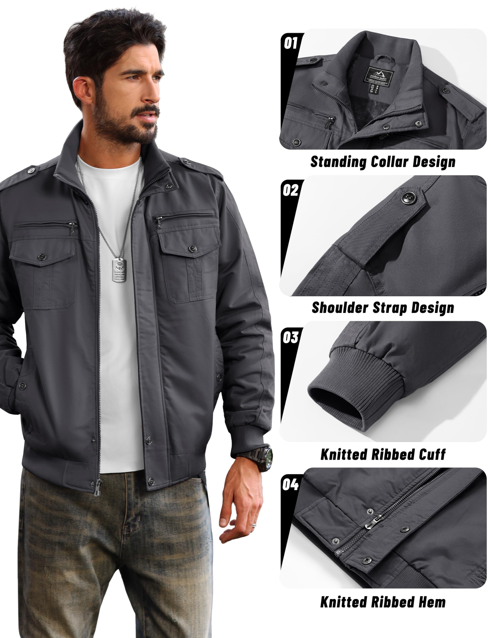 MAGCOMSEN Chaqueta de media temporada para hombre, chaqueta de invierno cálida con interior de forro polar a prueba de viento, chaqueta de carga, cuello alto, chaqueta táctica militar estadounidense,