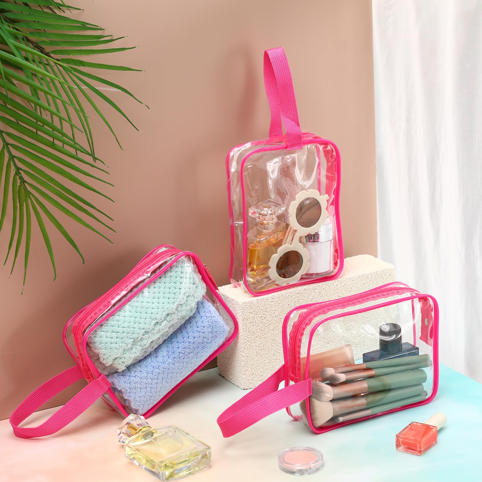 Silkfly Beauty case trasparente da viaggio in PVC con manico e tracolla, con cerniera, per vacanze estive, saloni di laurea, regalo di fine anno (rosa rosa, confezione da 24)