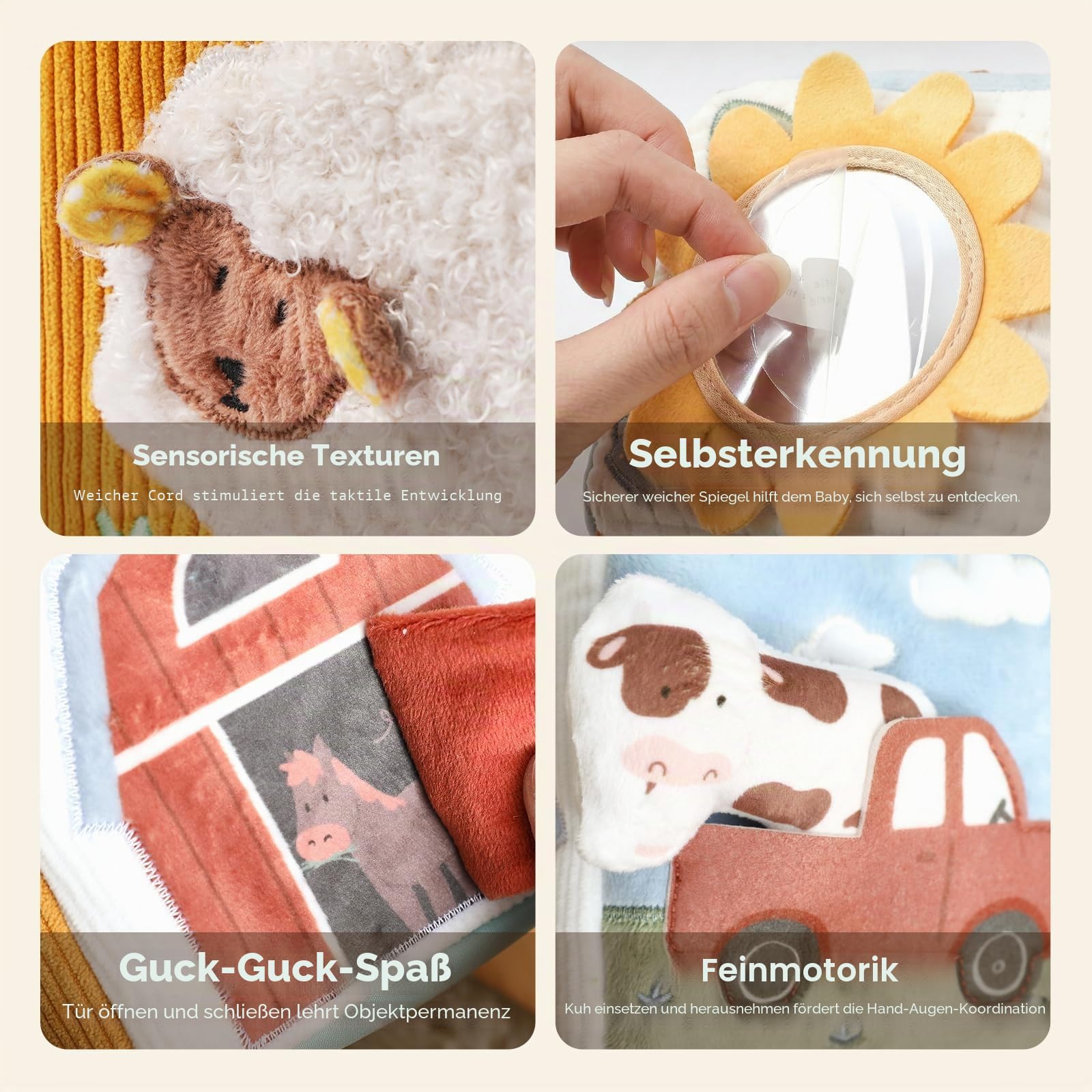let's make Baby Taschentuchbox Spielzeug, Montessori Sensorik Spielzeug ab 6 9 12 Monaten, Bauernhof Activity-Box Motorikspielzeug mit Knisterpapier, Spiegel & Reiseclip, Geschenke für Mädchen Jungen