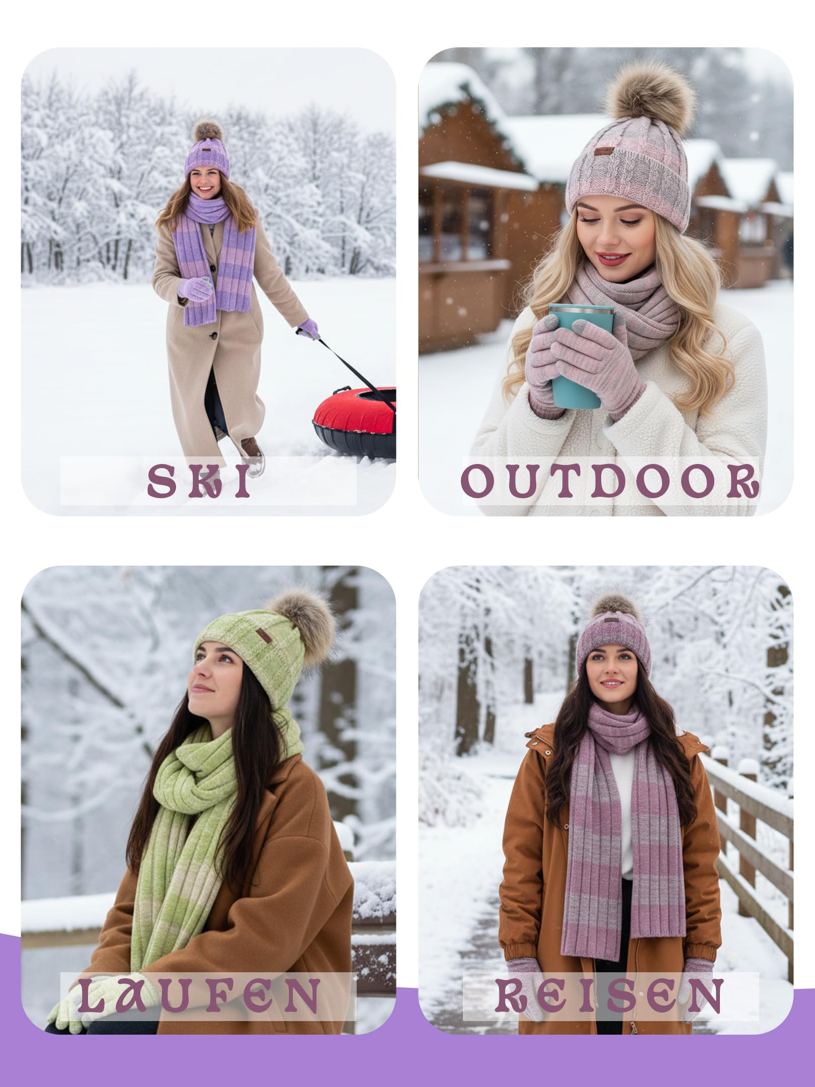 NATUST Mütze Schal Handschuhe Set Damen Winter Dickes Strickset