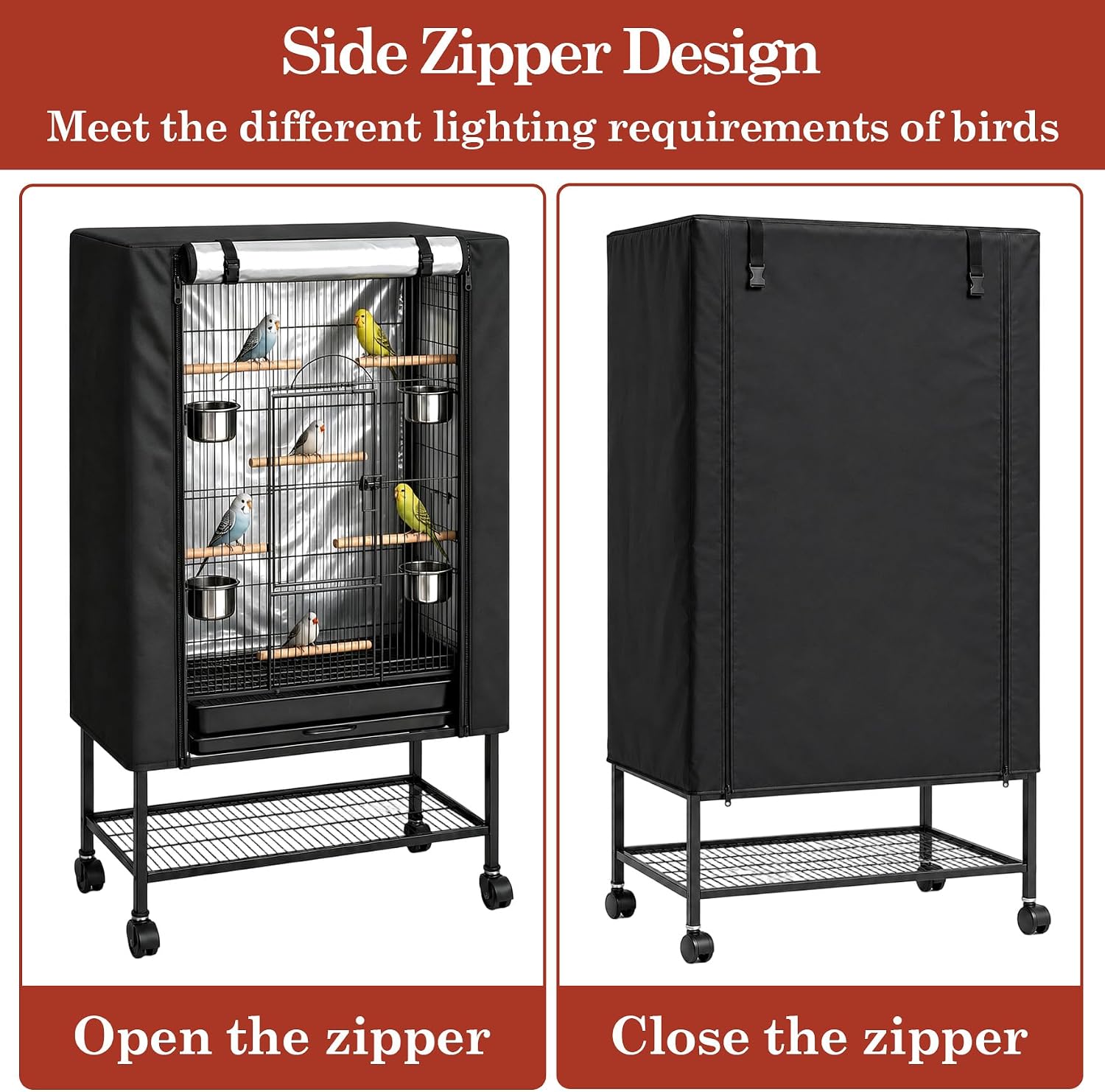 Klmnop Universal Bird Cage Cover, Large 35x25x47 Inches Blackout Birdcage Cover for Night with Zipper Panel for Parakeets, Parrots, Cockatiels(Black)