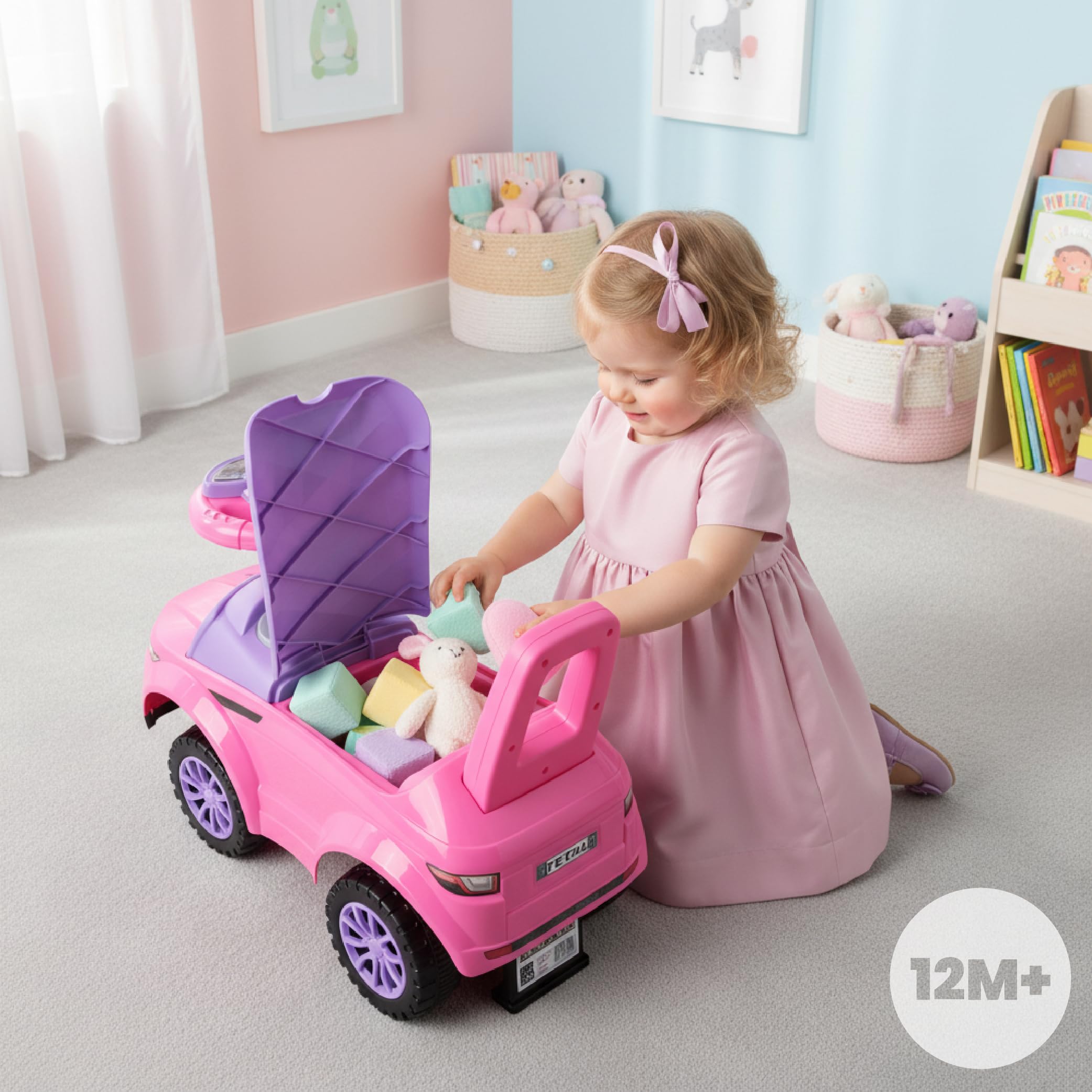 Rutschauto ab 1 Jahr, Kinderauto ab 12 Monaten, Baby Auto, Lauflernhilfe mit Hupe und Motorengeräuschen (Rosa)
