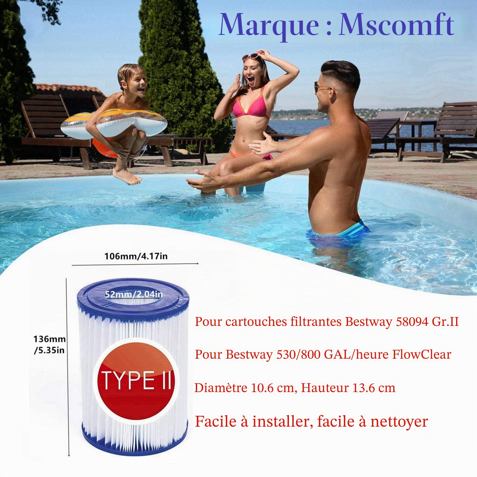 filtres de Type 2 pour Bestway 58094, Filtre de Taille 2, Convient pour Piscine Bestway Steel Pro Frame et Piscine familiale, Filtre de Piscine Gonflable (Lot de 4)
