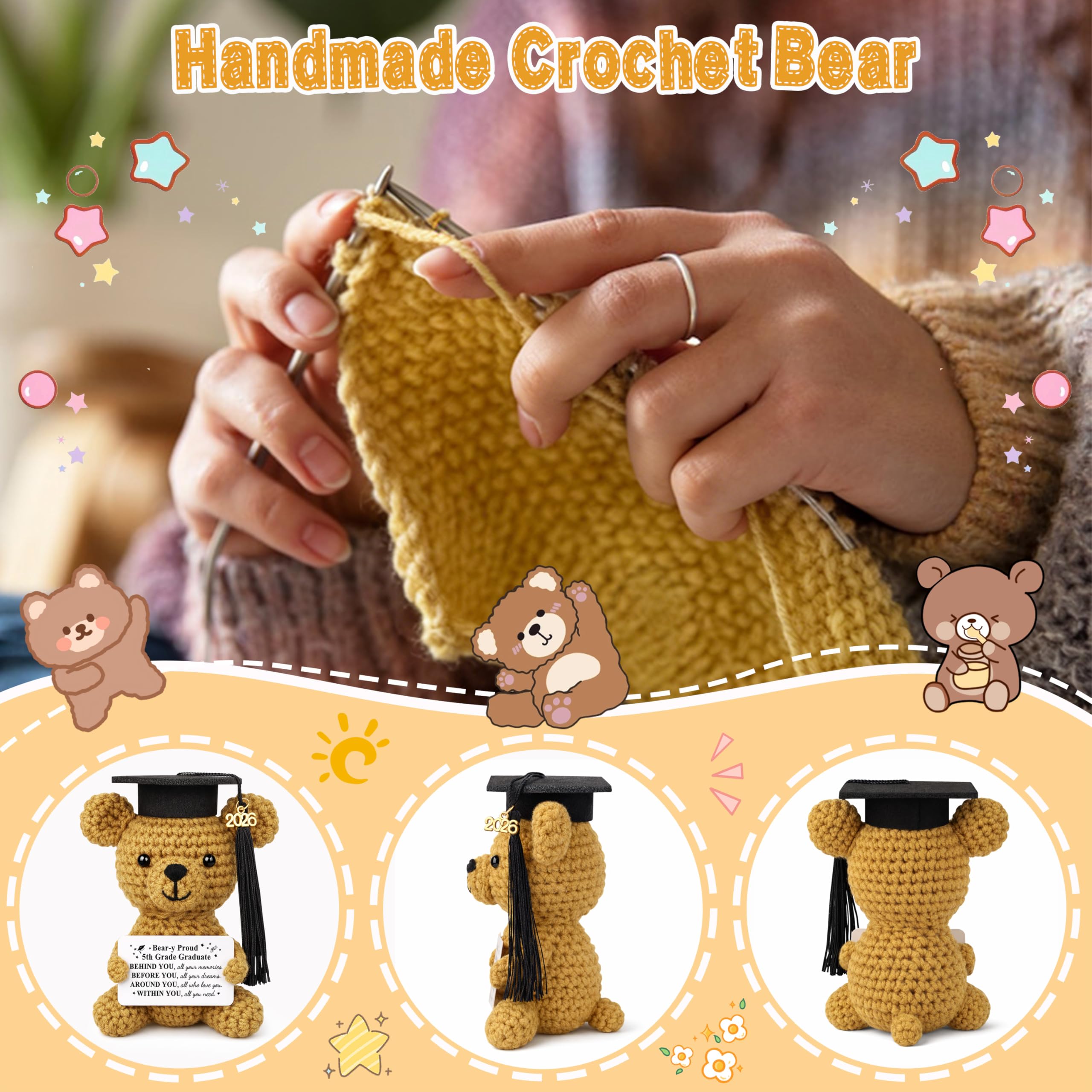 JoycuFF 5th Grade Graduation Gifts, Mini Positive Crochet Bear, 5th Grade Gifts for Students Granddaughter Daughter Best Friends, Handmade Emotional Support Animals Grad Gifts
