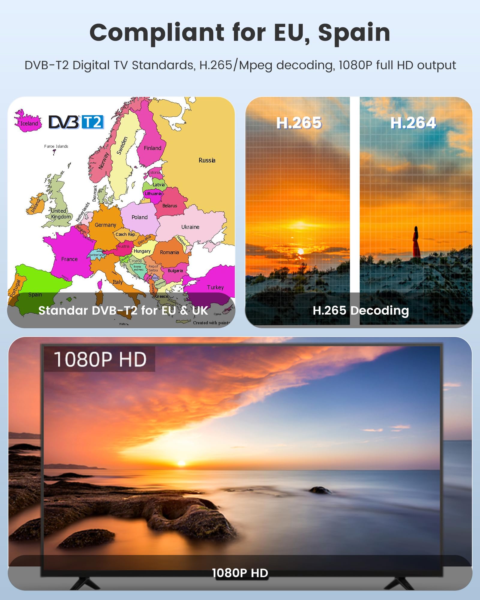 Décodeur TV HD DVB-T2 H265 HEVC FTA, PVR, USB, HDMI, MPEG-2/4, Numérique SCART, Tuner TNT Full HD 1080p, Compatible Android (2024 Nouveau)