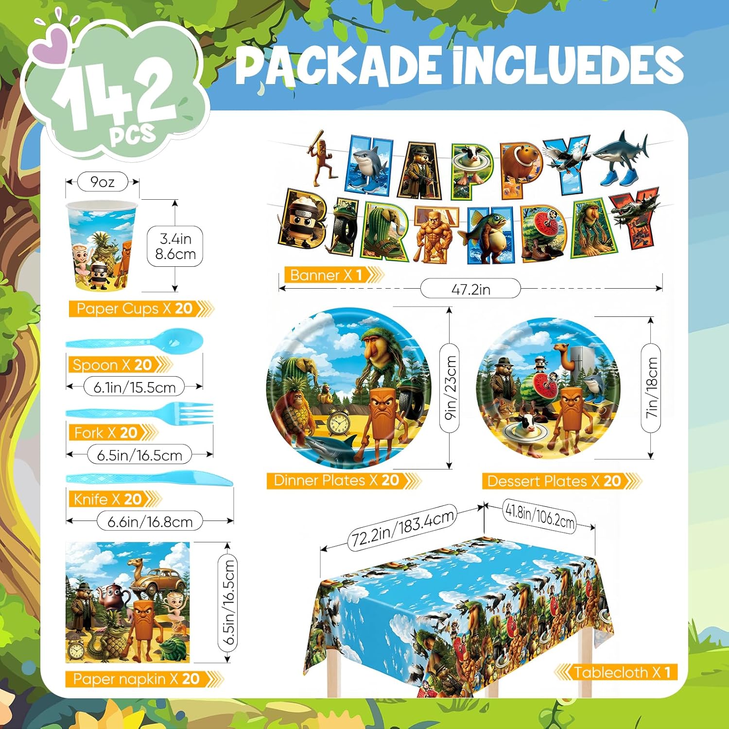 142PCS Italian Brainrot Party Supplies Set, Funny Brainrot Cartoon Animal Paper Plates Cups Napkins Tablecloth Banner Forks Spoons Knives, Disposable Happy Birthday Tableware for 20 Guests