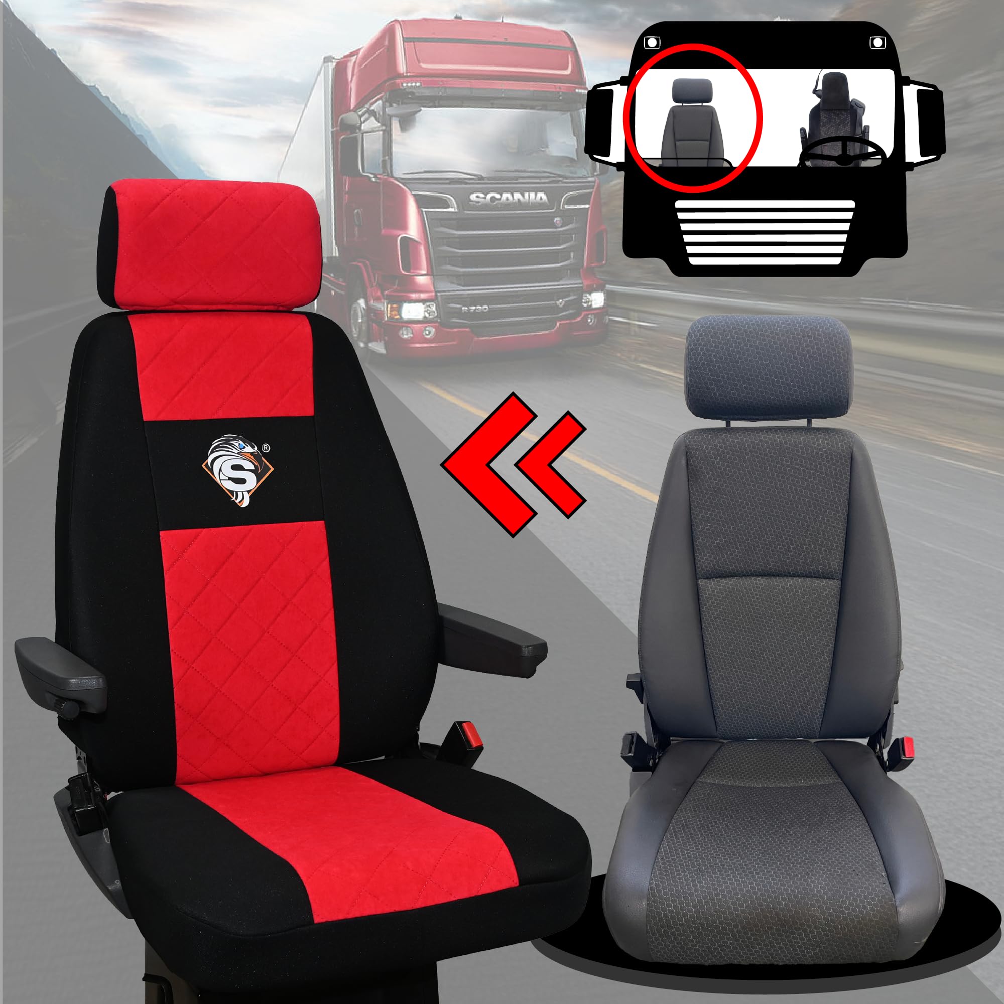 SABA Pokrowce na fotele dla SCANIA seria R od 2013, seria S od 2017, fotele różne 1pas, fotel kierowcy PREMIUM - KONFIGURACJA B - Czerwony Akcesoria do ochraniaczy siedzeń ciężarówek