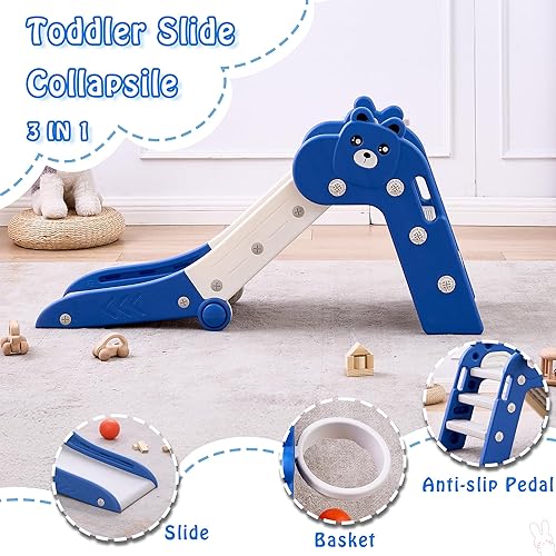 Miniatura 4 de Tobogán plegable para niños pequeños, deslizador para niños, juego de interior para bebé, patio de juegos de plástico con aro de baloncesto y pelota