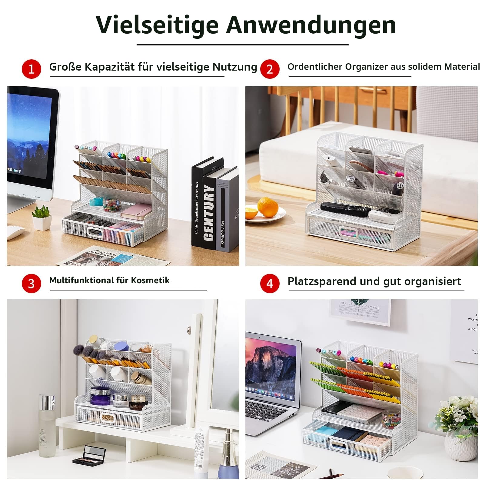 Marbrasse Netz-Schreibtisch-Organizer,Multifunktionaler Stiftehalter,Organizer Schreibtisch,Aufbewahrungs Regal für Schul und Heim Büro Bedarf (Weiß mit Schublade)