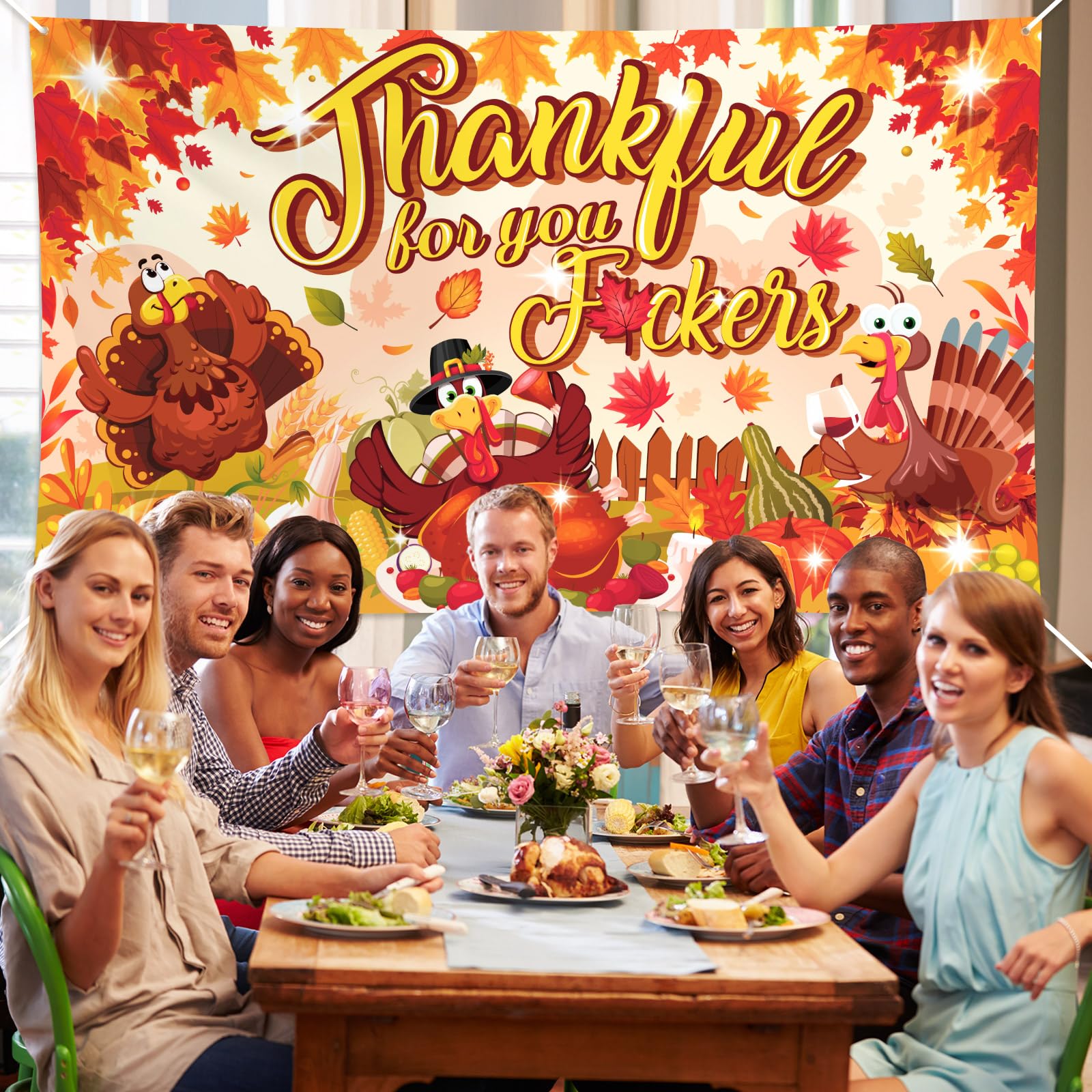 Happy Friendsgiving Hintergrund-Banner Aus Stoff – 185x110 Cm – Herbst-Deko Mit Truthahn & Kürbis Für Thanksgiving-Partys
