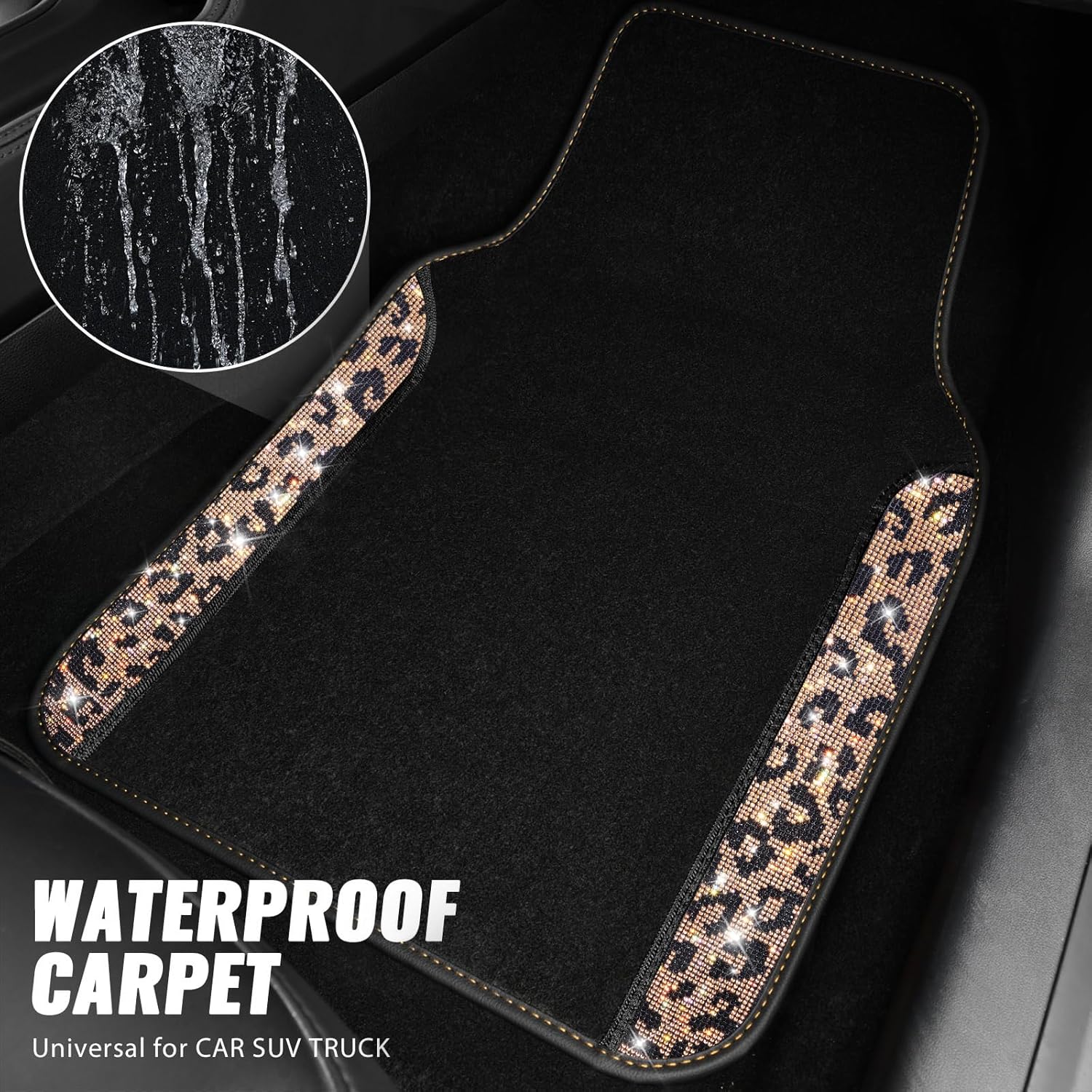 CAR PASS Bling Diamond Car Floor Mats, Shining Rhinestone Carpet Sparkly Glitter Crystal with Anti-Slip PVC Heel Pad Waterproof Universal Fit Automotive SUV,Sedan,Van,Cute Girl Women,4pcs Gold Leopard - Image 3
