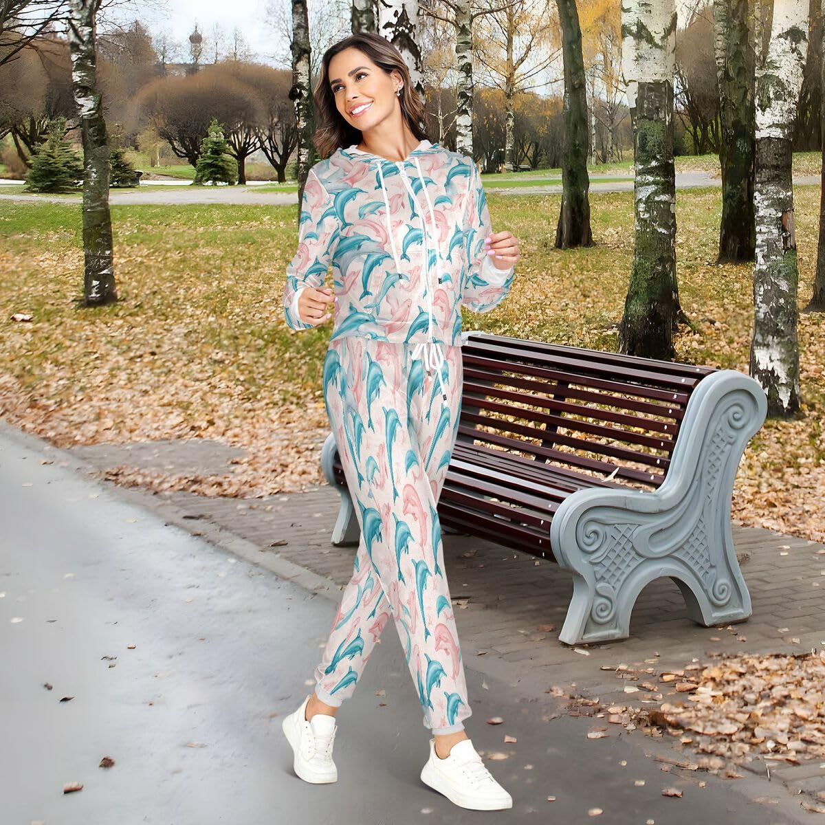 Conjunto deportivo de 2 piezas para mujer, diseño de delfín, acuarela, manga larga, color rosa y azul