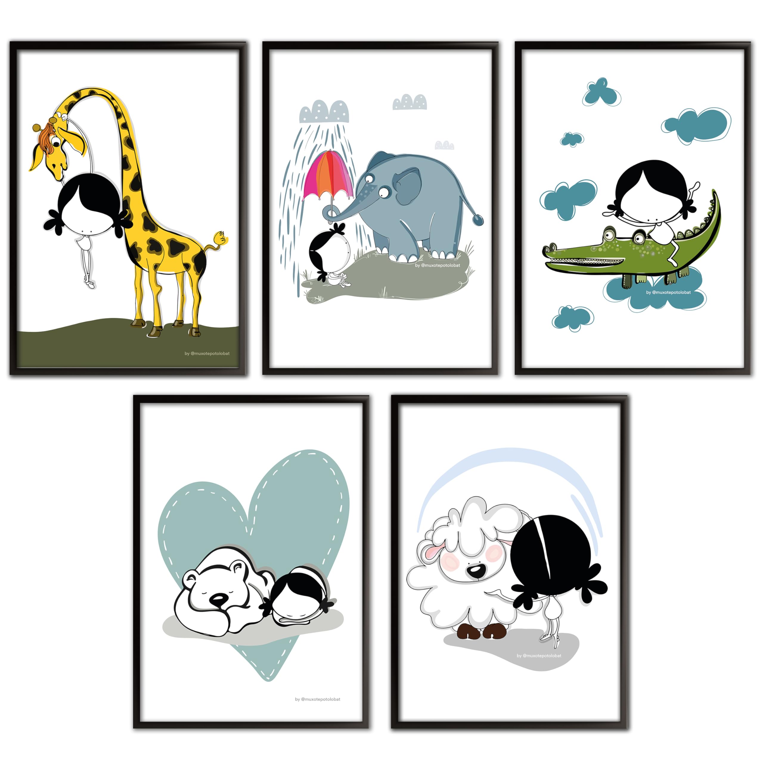 MUXOTE® - Pack de 5 Láminas Decorativas Infantiles de Animales. Cuadro Poster Puerta Pared Habitación, Dormitorio, Escaparate, Tienda, Recepción, Ludoteca, Guardería. - Sin marcos - A3(30x42cm)