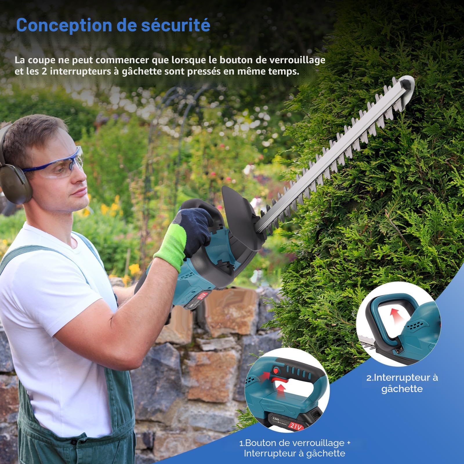 Taille Haie Electrique Batterie Nexalite 21V, 2 Batteries 2000 mAh