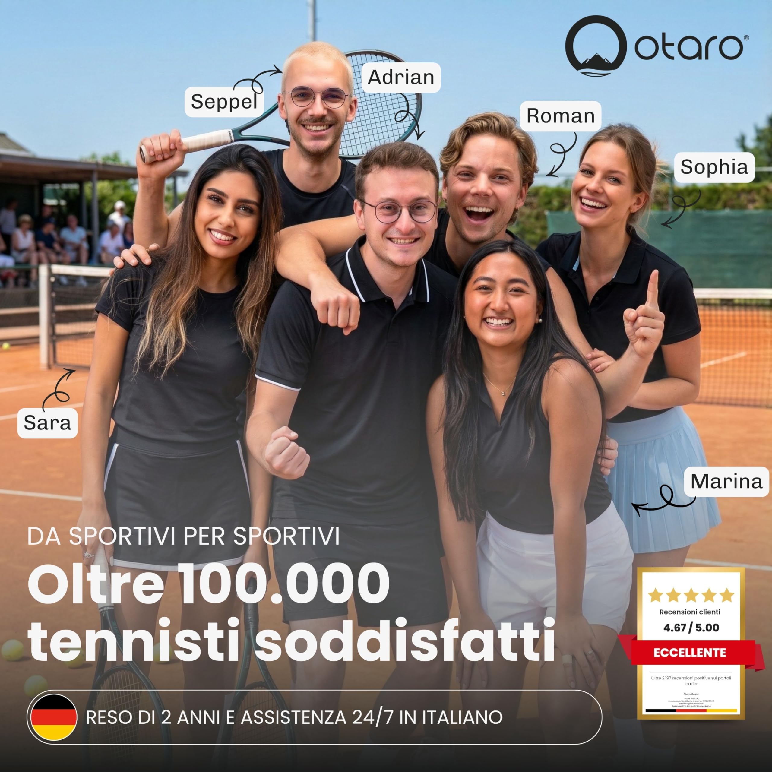 Otaro Borsa tennis 82L | Borsone tennis per 4 racchette | Con scomparto isolato, scomparto per scarpe, scomparto termico e scomparto per laptop | Sistema trasporto 3 in 1 | Zaino tennis idrorepellente