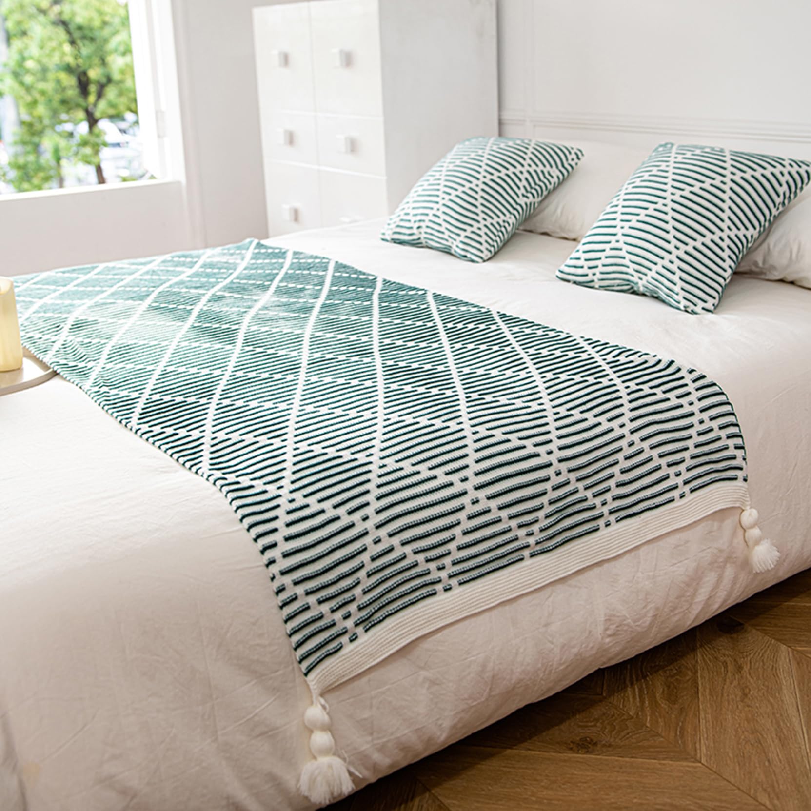 Gestrickter Bettläufer, Schal, weiche Decken, modische Tagesdecke, Dekoration, Bettschutz, Handtuch für Hochzeit, Hotel, Schlafzimmer, dunkelgrün, 130 x 200 cm Bettläufer