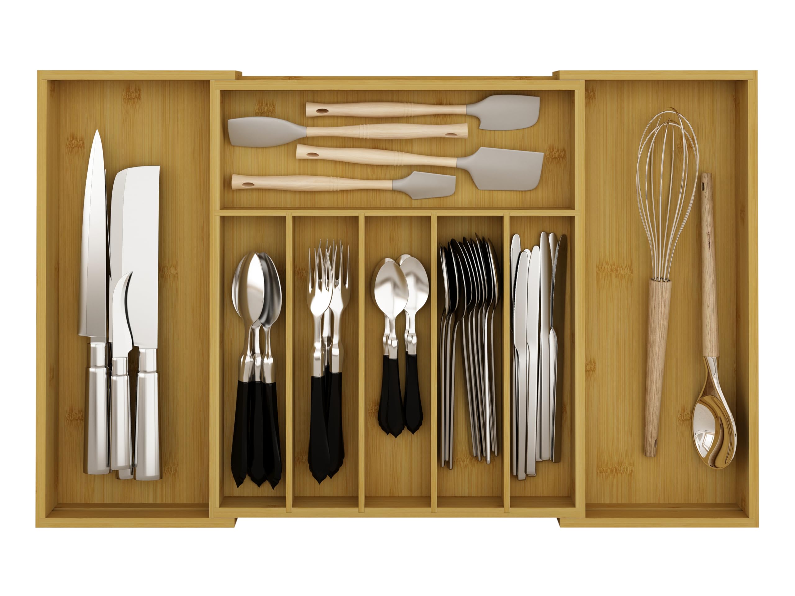 Woodluv Natural Extendable Wooden Cutlery Drawer Organizer, Utensil Tray For Kitchen, Drawer To Hold Utensils, Kitchen Storage Accessories Office Supplies