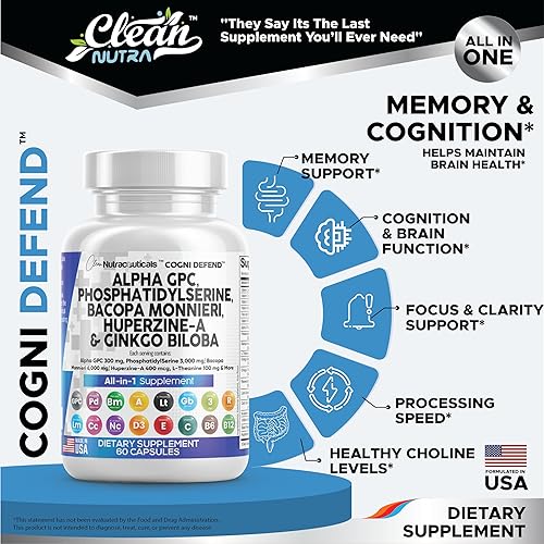 Miniatura 2 de Clean Nutra Alpha GPC Choline Phosphatidylserine Bacopa Monnieri Ginkgo Biloba Huperzine A Supplement - 60 Capsules Made in USA