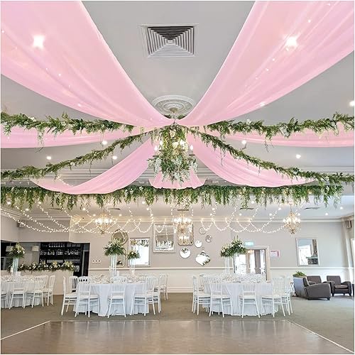 Cortinas de techo para boda, 6 paneles de 5 x 20 pies, cortinas transparentes de tela drapeada rosa, candelabros de techo de gasa, decoraciones para