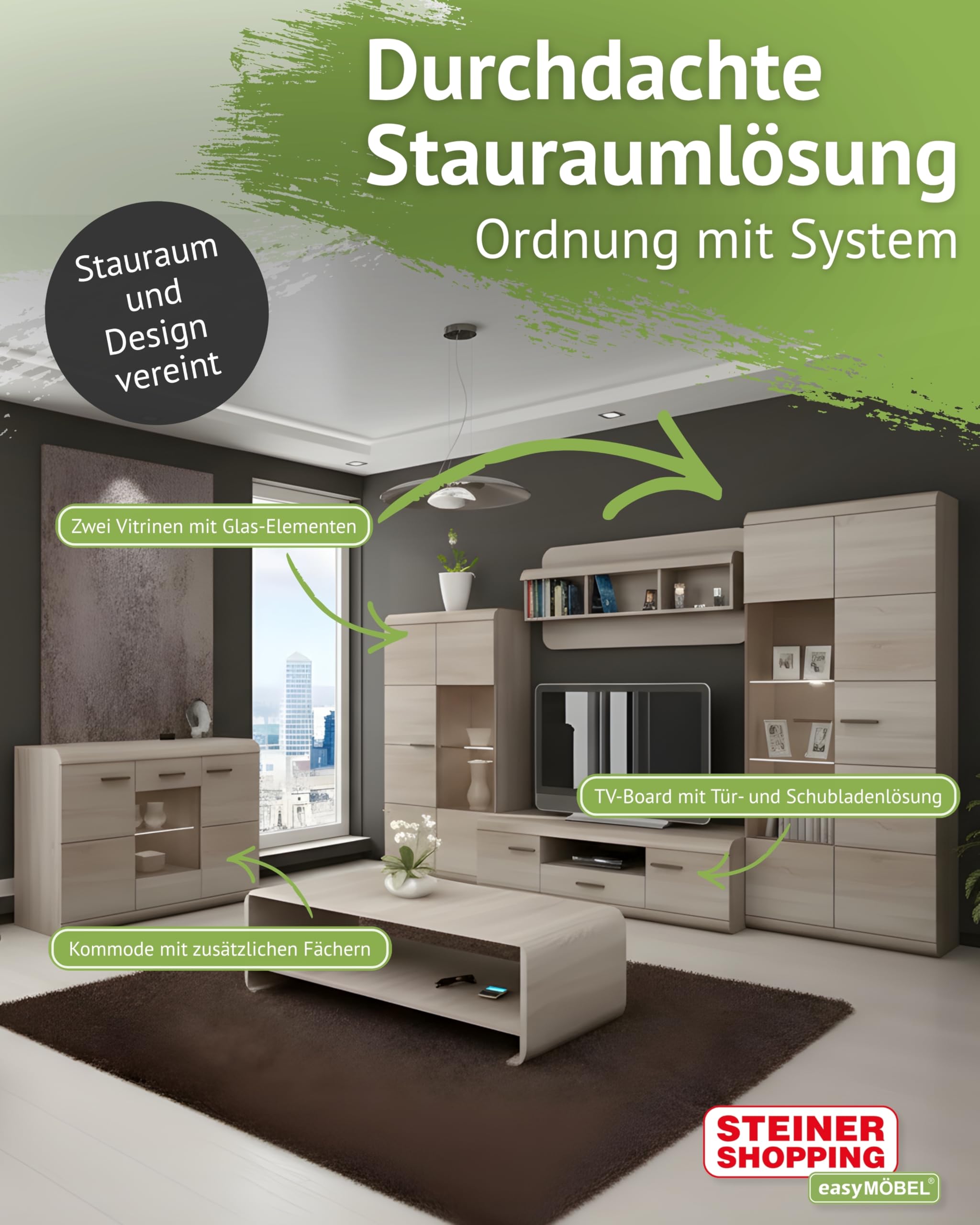 Wohnzimmer Komplett - Set F Gabes, 6-teilig, Farbe: Eiche Sonoma