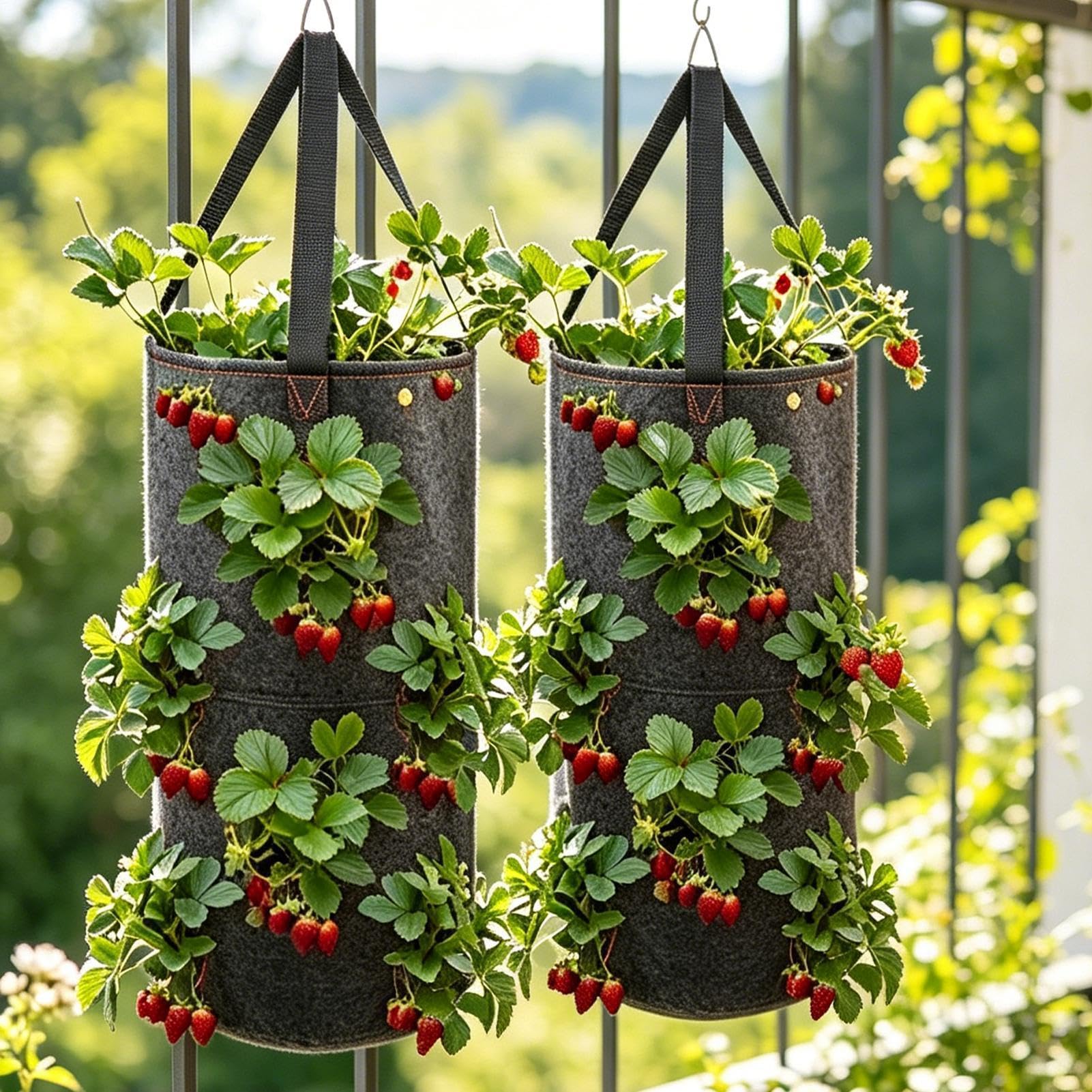 Fioriera da appendere per fragole, 2 sacchetti verticali con 11 tasche per giardinaggio all'aperto, soluzione salvaspazio per balcone e coltivazione di piccoli spazi