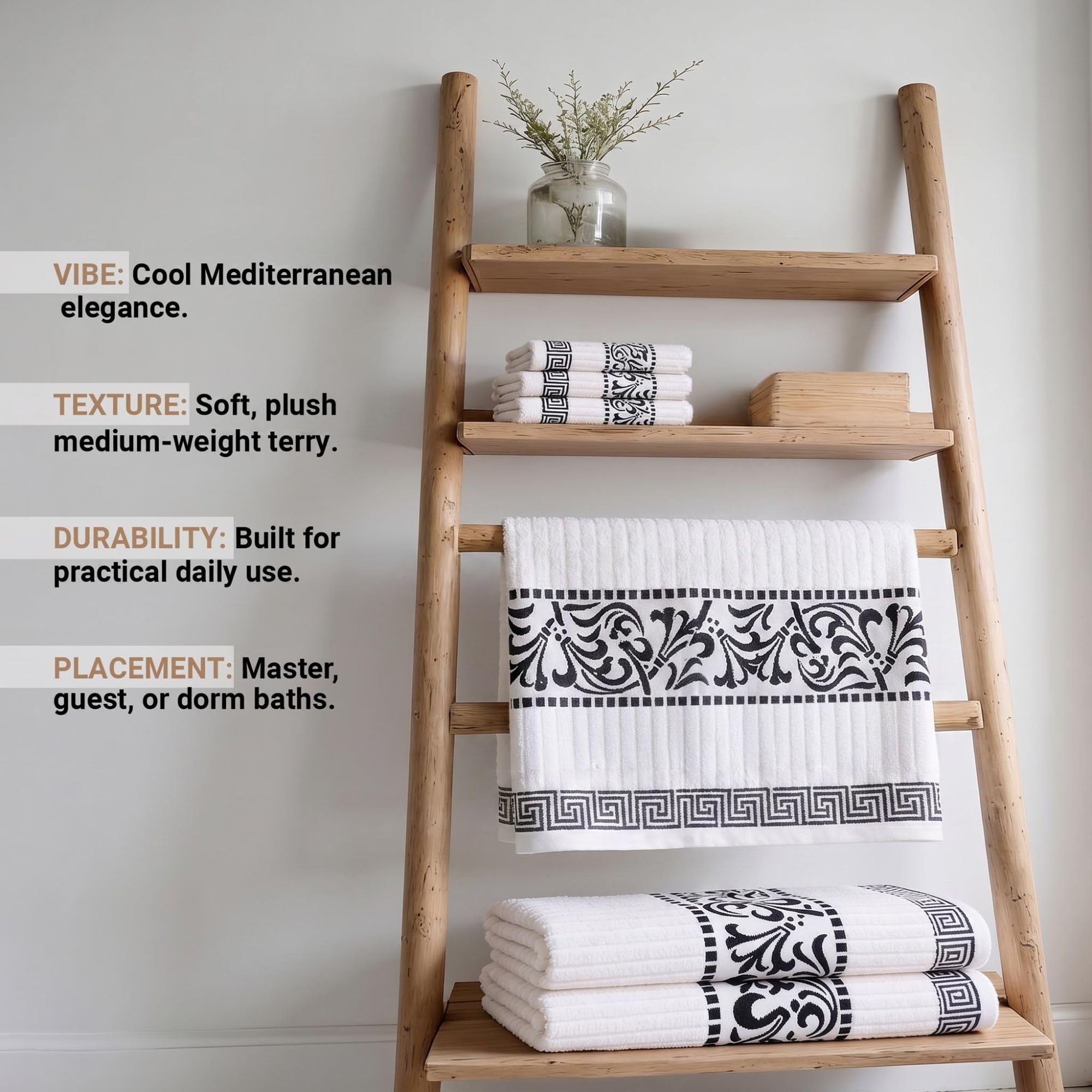 Superior Juego de Toallas de algodón de 3 Piezas, diseño Griego Decorativo, Esencial para el hogar, Toallas absorbentes, decoración de baño, SPA, Complejo, Incluye 1 Toalla de Mano, 1 Cara y 1 Toalla