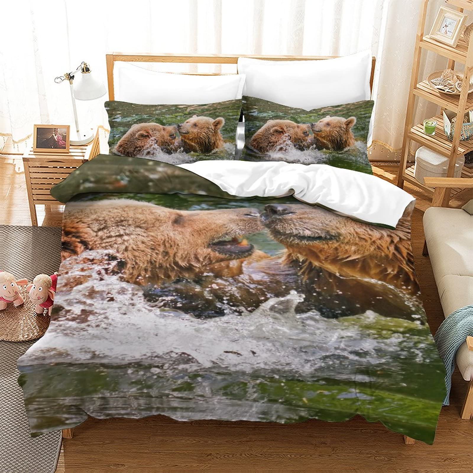 Housse de couette ours anti-plis en literie 3D 135x200cm sans repassage pour lit ado et enfant