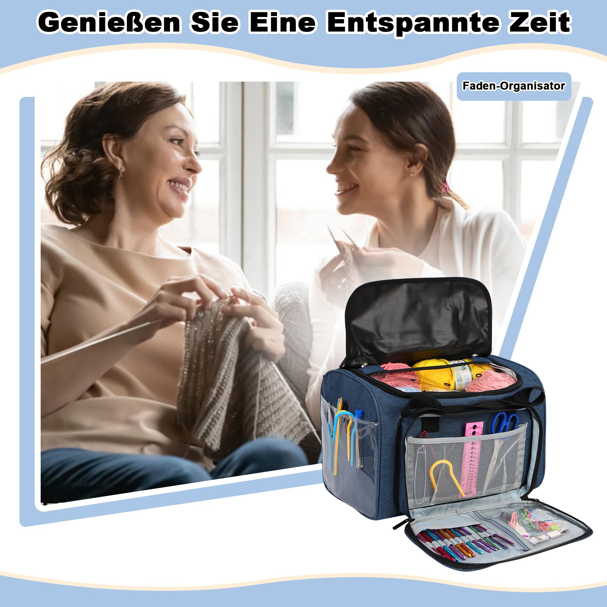 JOZEA Garn Stricken Lagerung Tote-große Kapazität häkeln Veranstalter tragbare Reisetasche mit Schultergurt häkeln Haken Fall für unfertige Bulk-Projekt（Blue