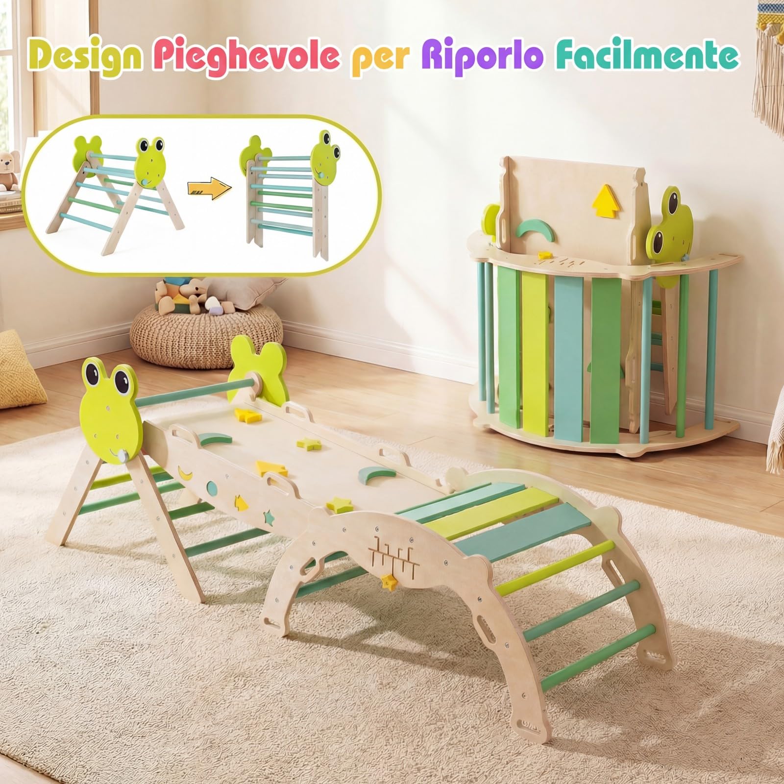 Relax4Life Triangolo di Arrampicata per Bambini con Scivolo e Arco, Gioco Montessori in Legno 1+ Anni, 3 Pezzi Verde