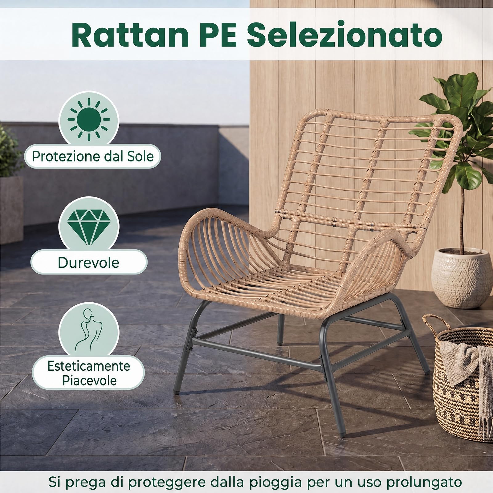 SOARS Poltrona da Giardino in Rattan PE, Sedia Relax con Cuscino Imbottito, Portata 180 KG, Sedile Ampio, Schienale e Braccioli, Poltrona Ergonomica per Balcone, Terrazza, Patio, Salotto (1,Bianco)