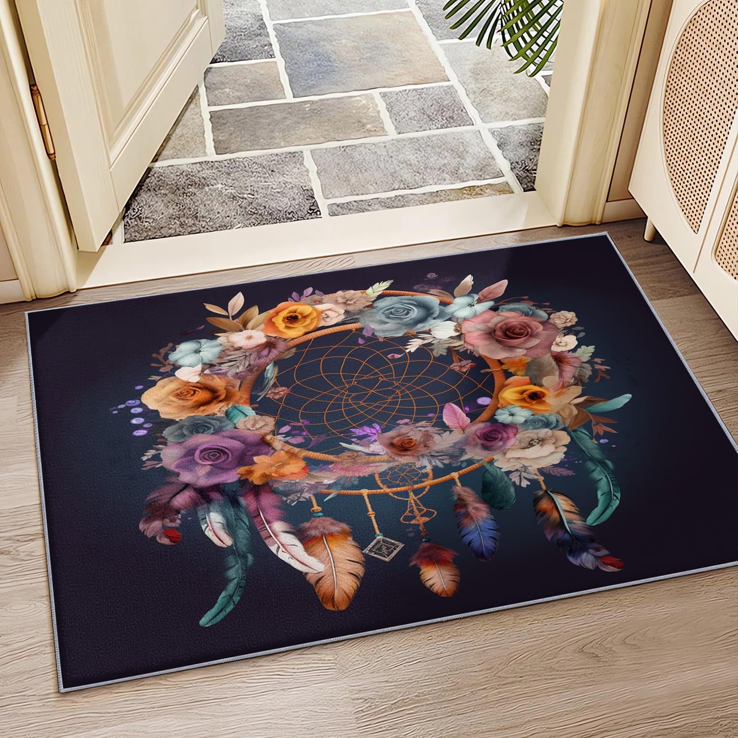 Dywan do wnętrz 200 x 300 cm Łapacz snów w stylu czeskim girlanda miękka i wygodna, ciemnoniebieska mata z krótkim włosiem antypoślizgowa podstawa idealna do salonu, sypialni i korytarza
