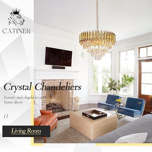 Miniatura 8 de CATINER Candelabro moderno dorado de 20 pulgadas de cristal colgante de techo con 4 niveles de gota de lluvia, montaje empotrado, lámpara colgante