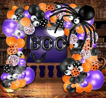 Halloween Balloon Garland Arch kit with Halloween Spider Web, Boo Aluminum Foil Banner Balloons, Spider Balloons, Black Orange Purple Confetti Balloons for Halloween Day Party Decorations