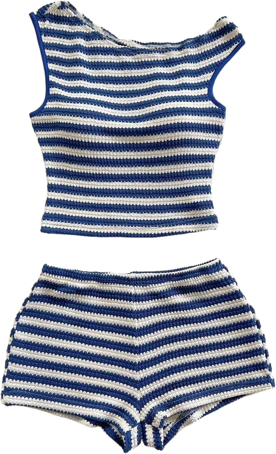 Women's 2 Piece Striped Summer Outfits Off The Shoulder Knit Crop Tops and Mini Shorts Vacation Sets