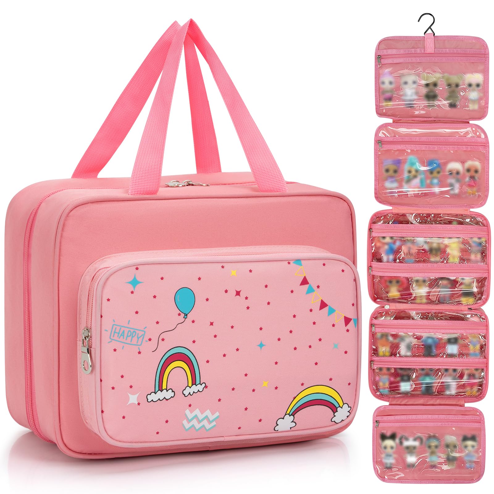 OUUTMEE Doll Carrying Case Compatible with LOL Surprise Dolls, Toy Hanging Organizer Storage Bag for Girls with a Hanging Hook and 7 Clear Zipper Pockets, Bag Only