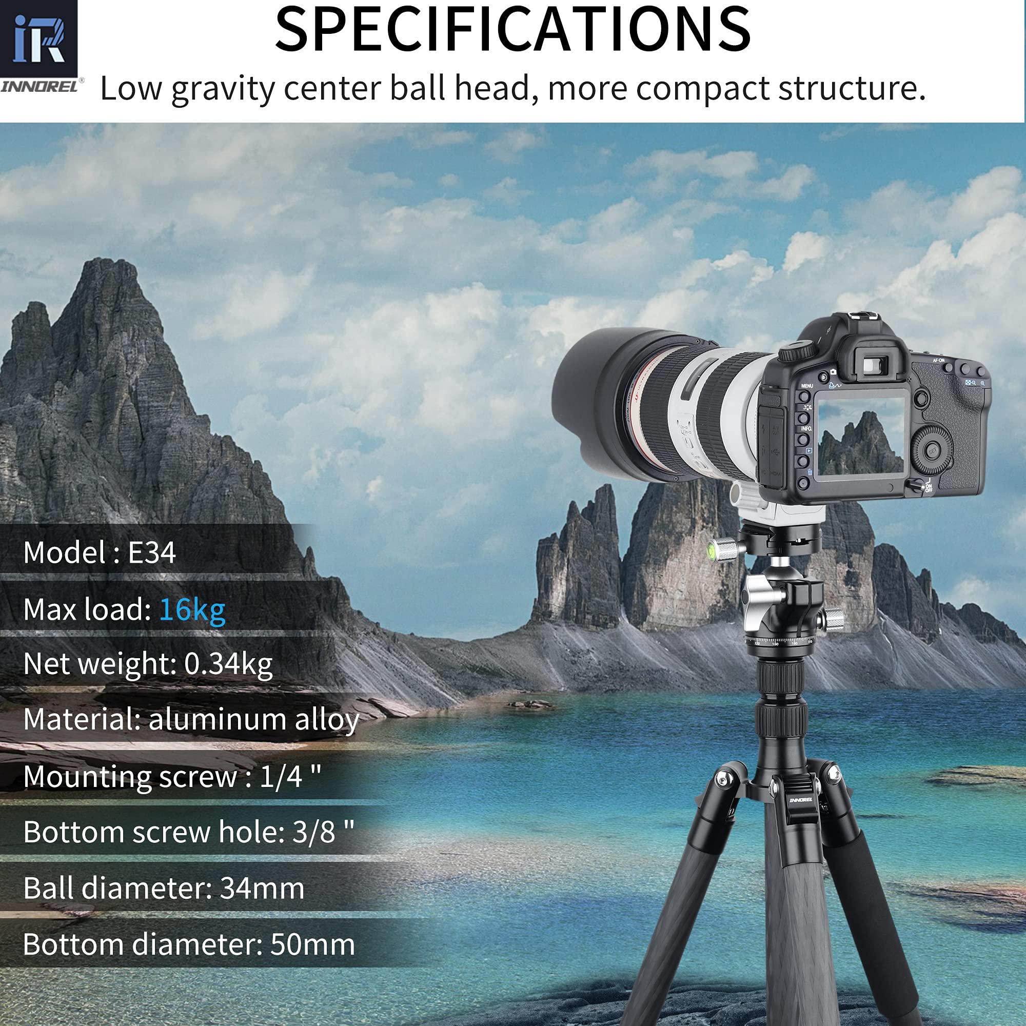 Testa A Sfera INNOREL D34 – Panoramica 360° Con Piastra Arca Swiss, Carico 15 Kg, Doppia Livella E Basso Profilo