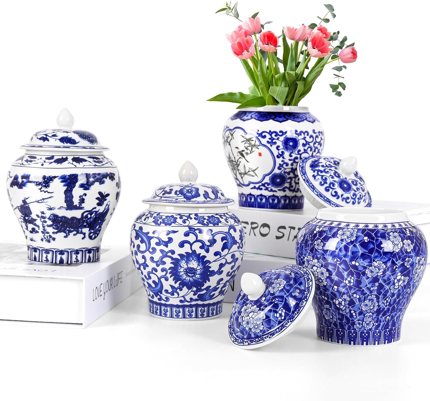 RMERVE Set of 4 Mini Blue & White Chinoiserie Porcelain Vases - Hand-Painted Ginger Jars for Tabletop Shelf Bedroom Decor