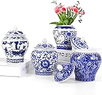 RMERVE Set of 4 Mini Blue & White Chinoiserie Porcelain Vases - Hand-Painted Ginger Jars for Tabletop Shelf Bedroom Decor