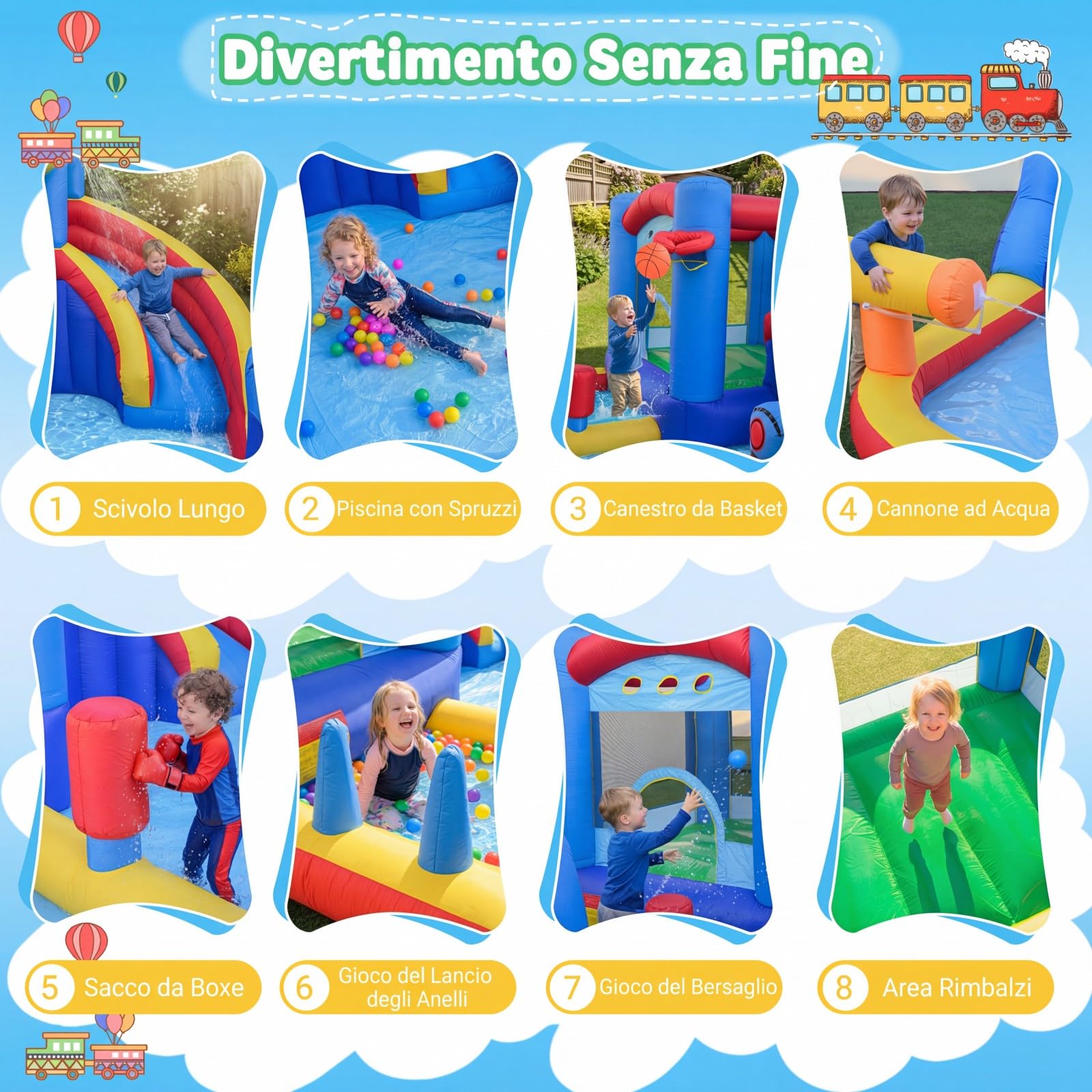 COSTWAY Castello Gonfiabile per Bambini, Casa Gonfiabile con Piscina, Cannone d'Acqua, Gioco con Anelli, Gioco a Bersaglio e Parete d'Arrampicata, Parco Acquatico da 3-12 Anni per Esterno