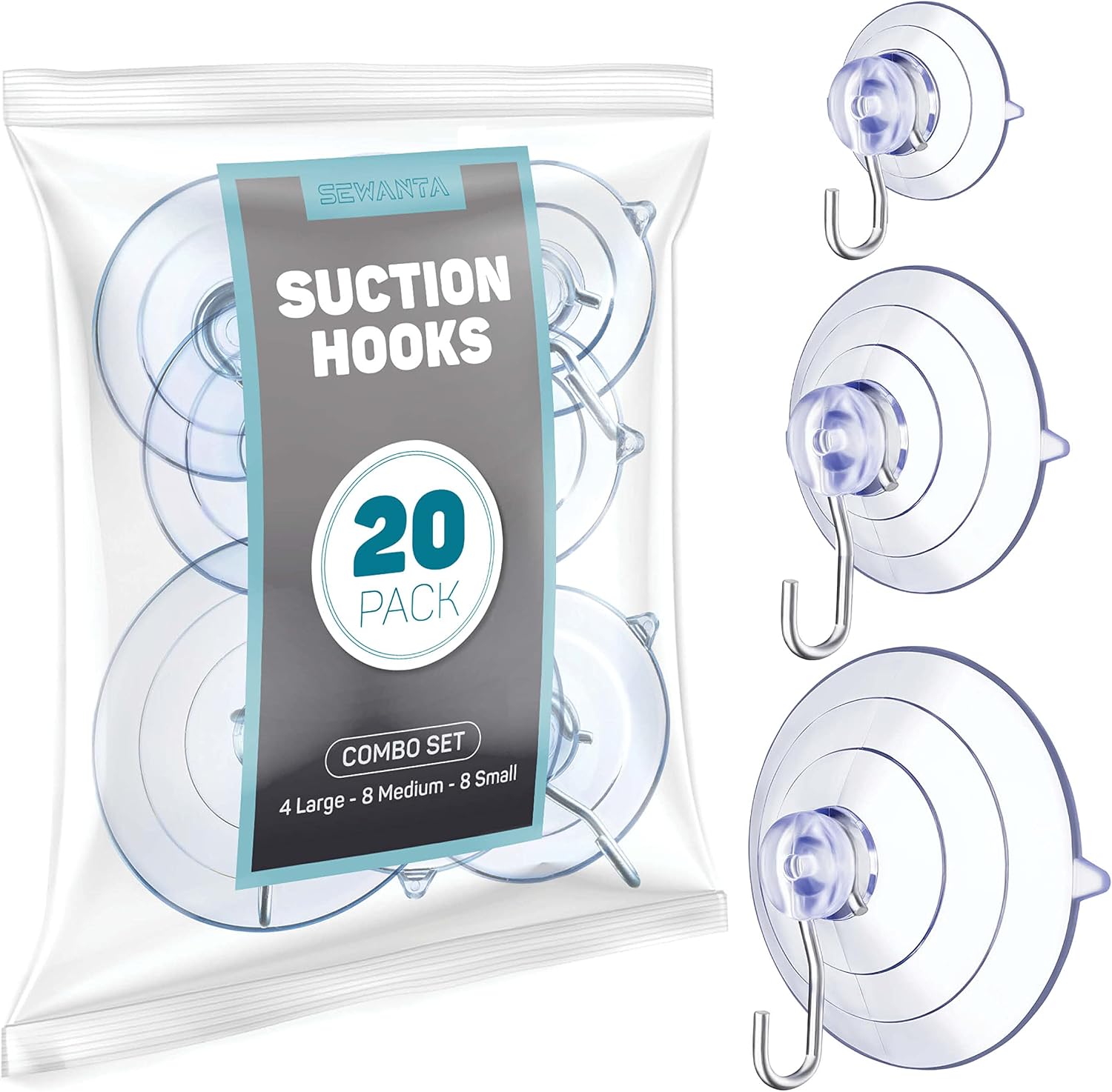 SEWANTA All-Purpose Suction Cup Hooks [20PK Combo Set] Powerful Window Suction Cups with Hooks Use to Hang On Glass, Windows, Doors, Mirrors, Tiles. Set Includes: 4 Large, 8 Medium, 8 Small