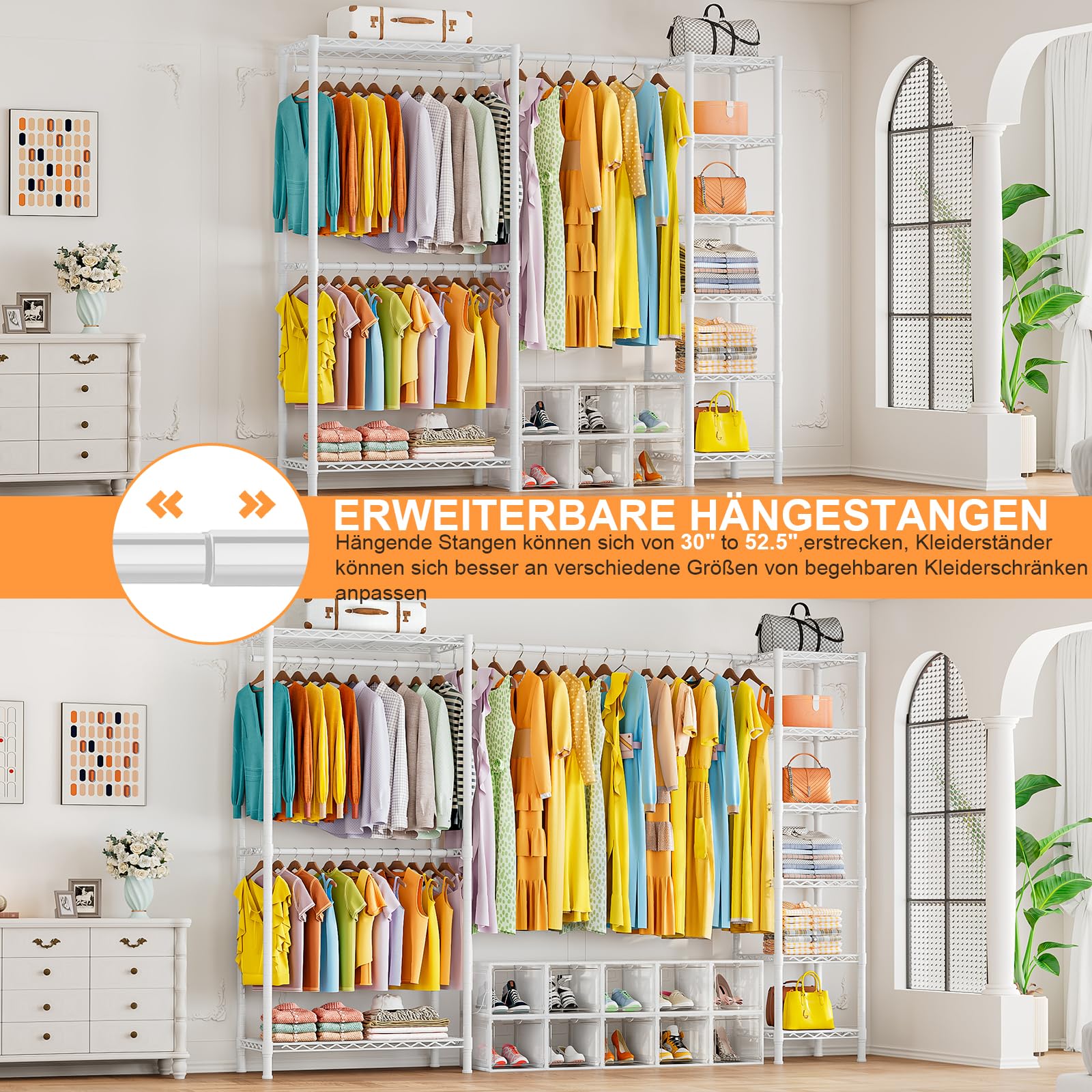 Erweiterbar Kleiderständer,Multifunktional Garderobenständer mit Höhenverstellbaren Einlegeböden,Schwerlast Kleiderständer Metall Garderobenständer Kleiderbügel Kleiderschrank (Weiß)