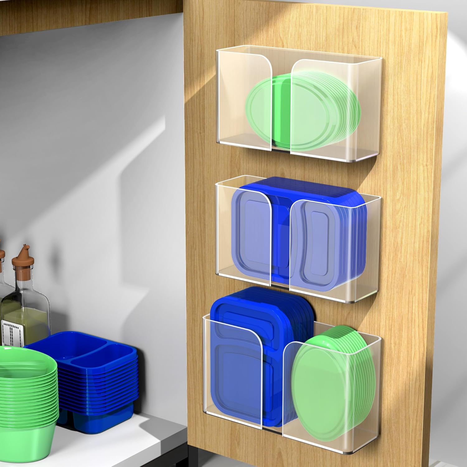 YIGII 3-Pack Clear Acrylic Tupperware Lid Organizer, Inside Cabinet Storage Bins with Adhesive Backing, Self-Adhesive Container Lid Holder for Kitchen Pantry, Modular Design, Easy Installation