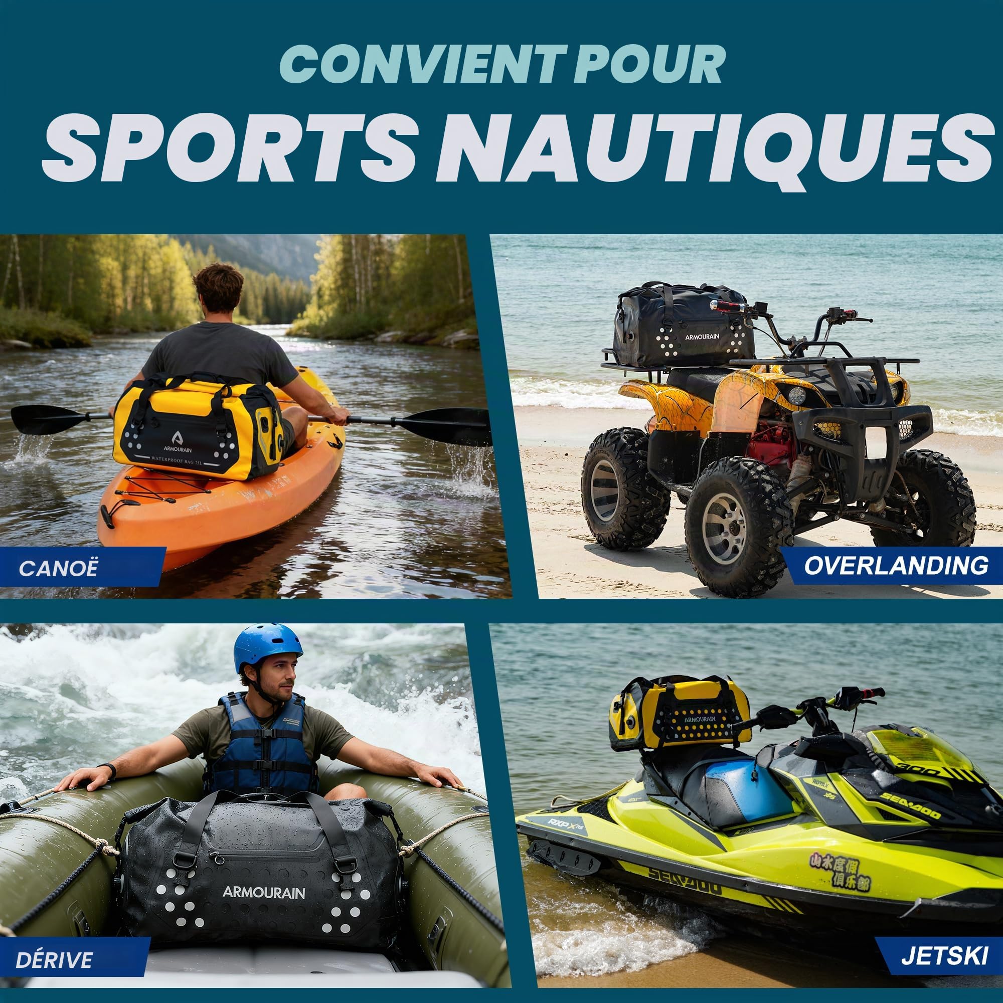 Sac Sec Moto 75L Grand Sac Polochon étanche Sec de Siège de Coffre Pliable pour Voyage, Canotage, Moto, Kayak (Noir)