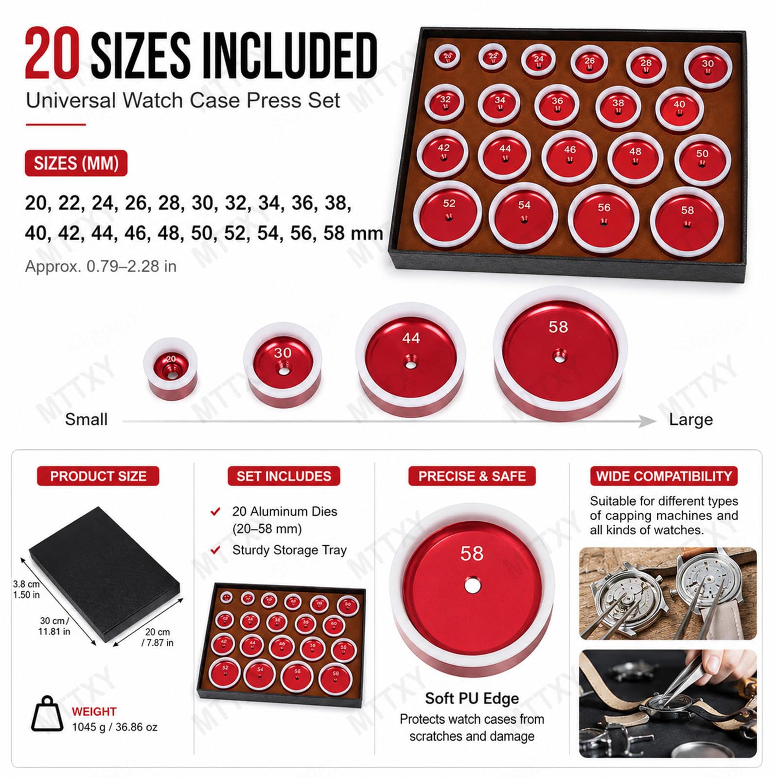 20-teiliges tiefes Uhrenpressmatrizen-Set, 20–58 mm | Uhrmacherwerkzeug mit Aluminiummatrizen und Schutzrändern als Zubehör für Uhrengehäusepressen