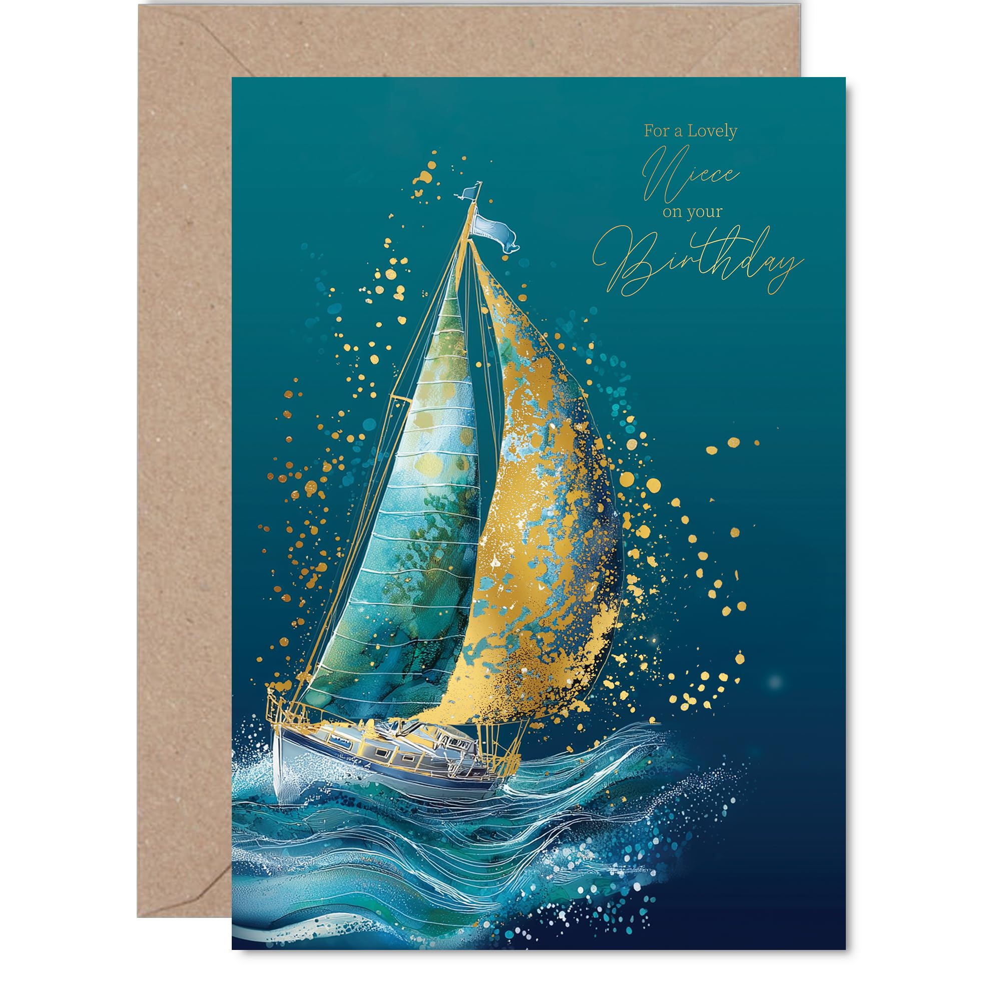 Gold Niece Birthday Card - Ocean Waves Sailboat - Happy Birthday Card for Niece from Auntie Uncle, A5 Golden Nautical Seaside Maritime Bday Greeting Cards