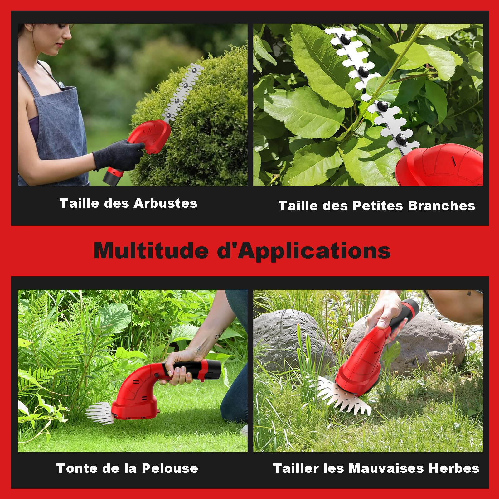 2 en 1 Taille-haie Electrique à Batterie12V Cisaille de Jardin sans Fil 6500tr/MIN Cisaille Sculpte-Haies Cisaille à Gazon Longeur de Lames 20cm/12cm pour Couper Herbes Arbustes
